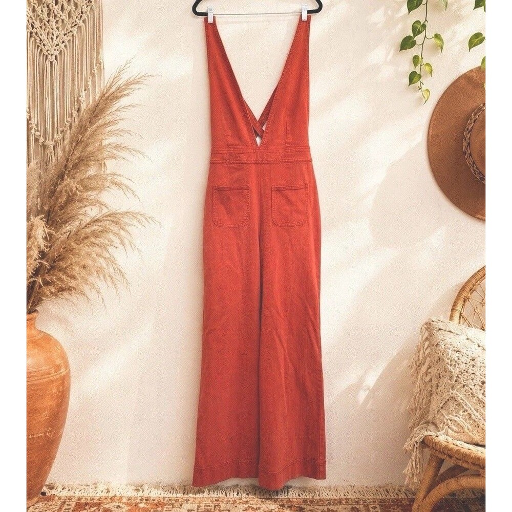 Boho Wide Leg Jumpsuit Rust Terracotta V-Neck Sleeveless Hippie Festival